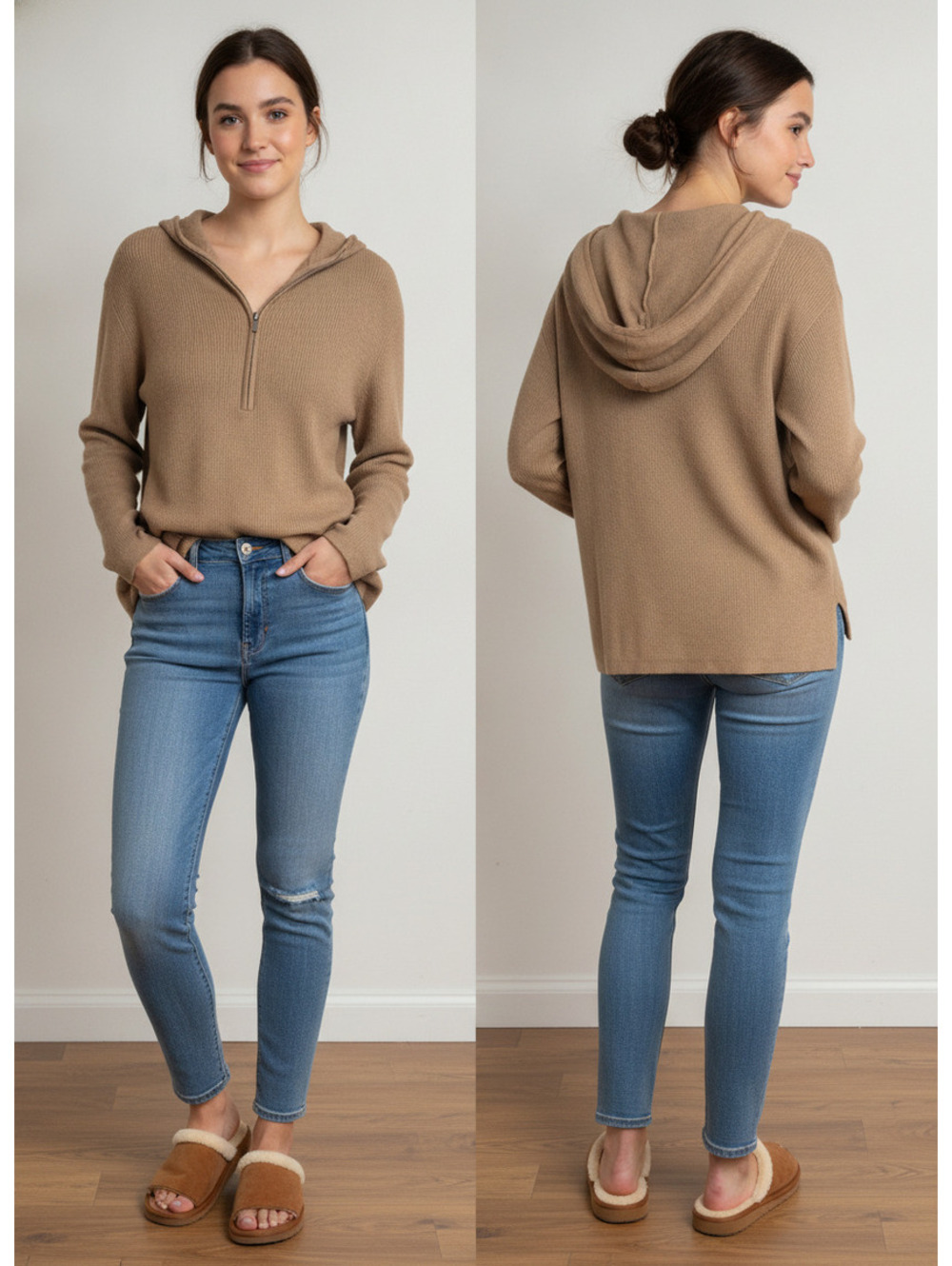 Isabel by Ingrid & Isabel Ribbed Knit Hoodie Sweater in Tan, Size Medium